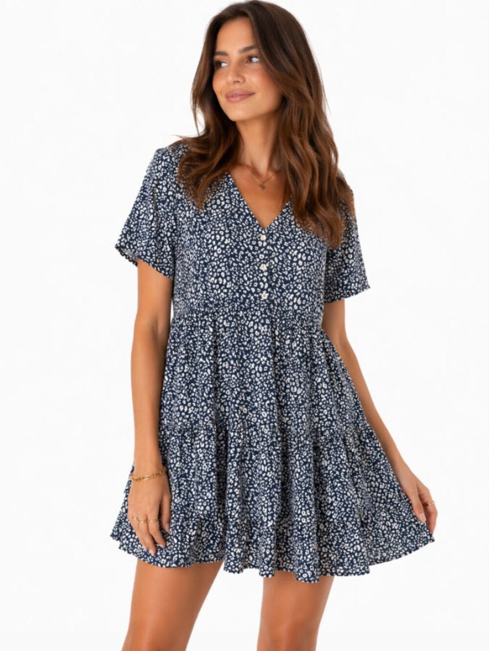 JODIFL Tiered Babydoll Dress V-Neck Floral Navy White Boho Flowy L Preppy Casual